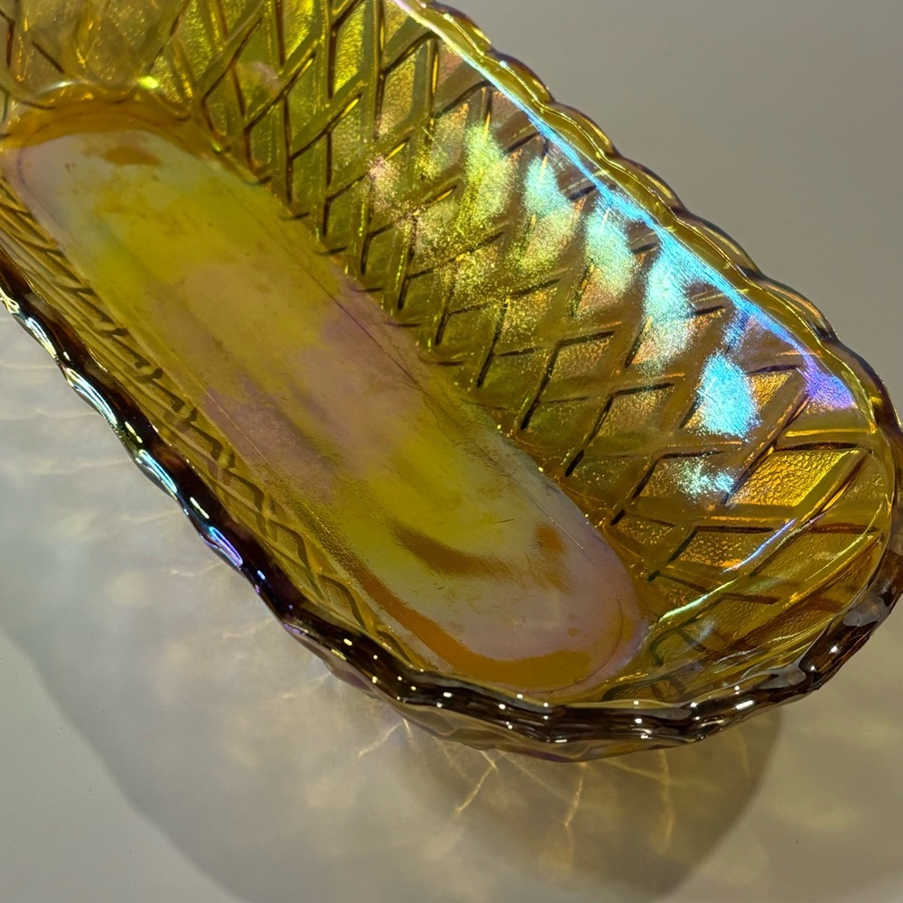 Vintage Amber Indiana Carnival Glass Oval iridescent Bowl Celery Candy Dish